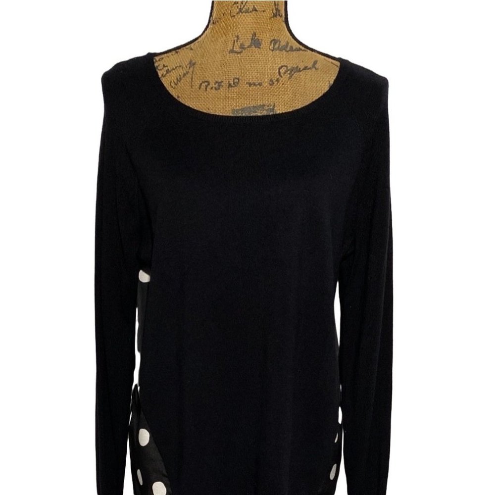 Madison‎ M Top Black White Polka Dot Back Long Sl Scoop Neck Casual Comfy Cute